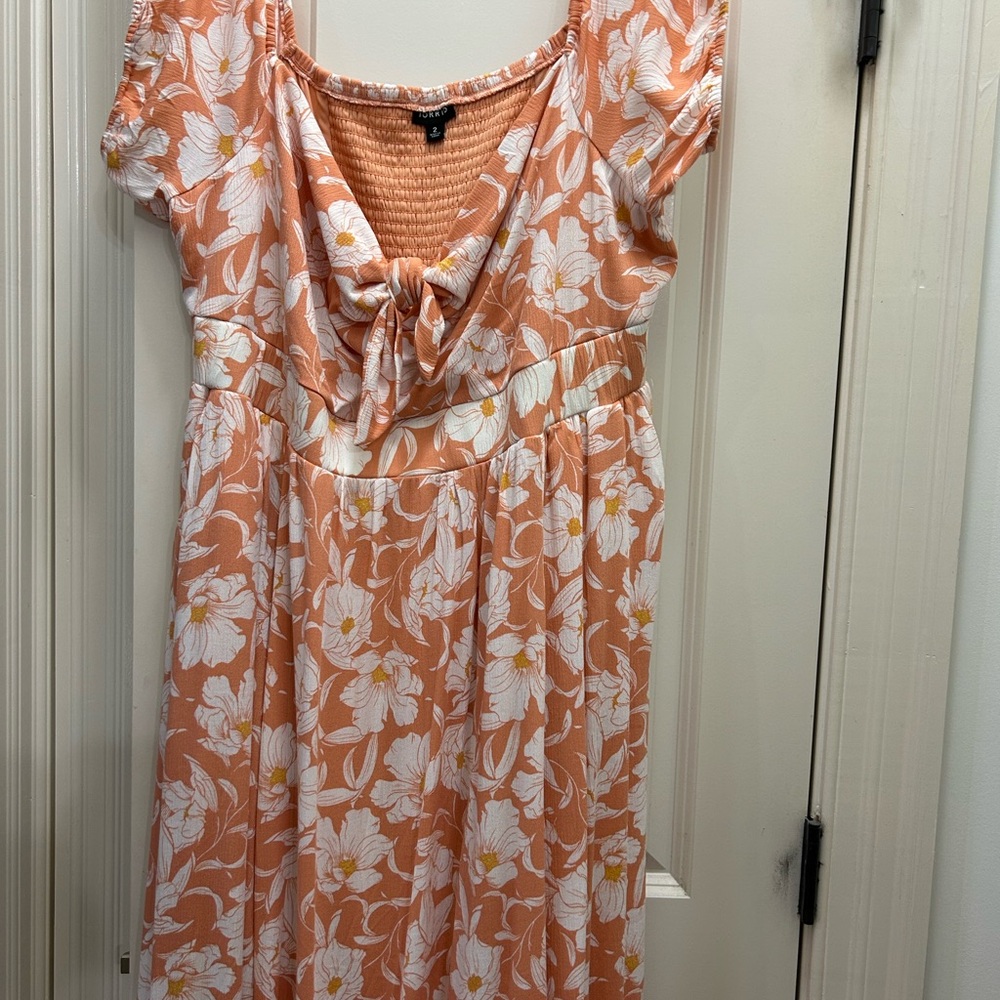 Floral Peach Dress with Bow Detail